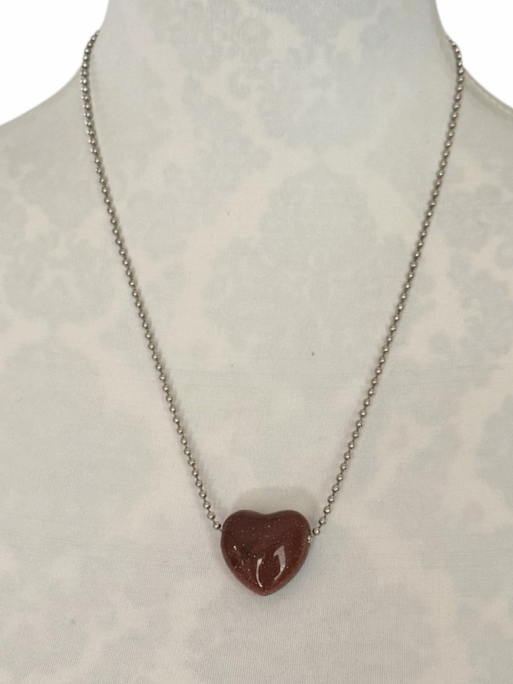 Goldstone Glass Heart Pendant Necklace | Brown Sparkle | Ball Chain